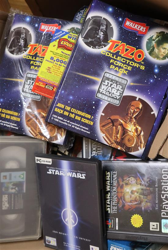 A collection of vintage Star Wars VHS tapes, DVDs, PC/console games etc. one box